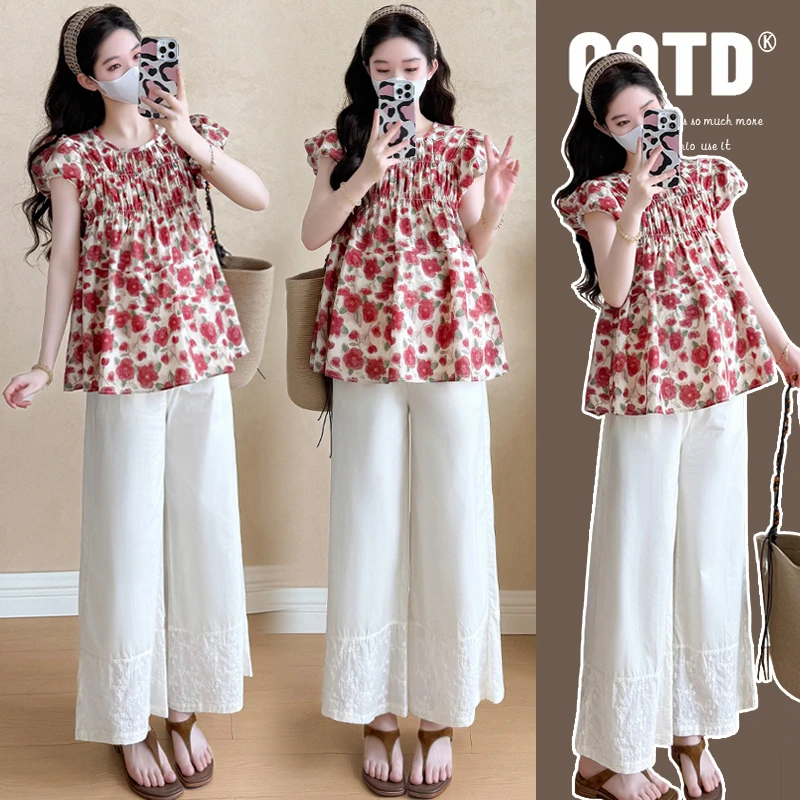 【安安】孕妇装夏季减龄碎花上衣+阔腿裤子洋气时尚孕妇娃娃衫夏装