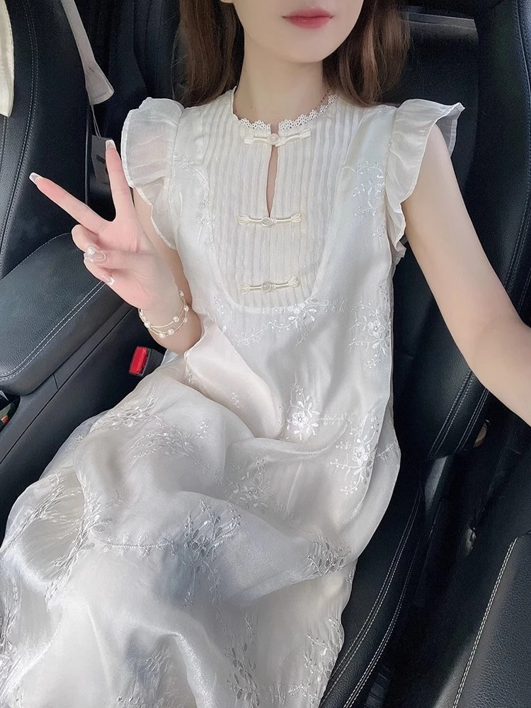 新中式夏季重工提花刺绣连衣裙温柔纯色中气质裙子小飞袖连衣裙