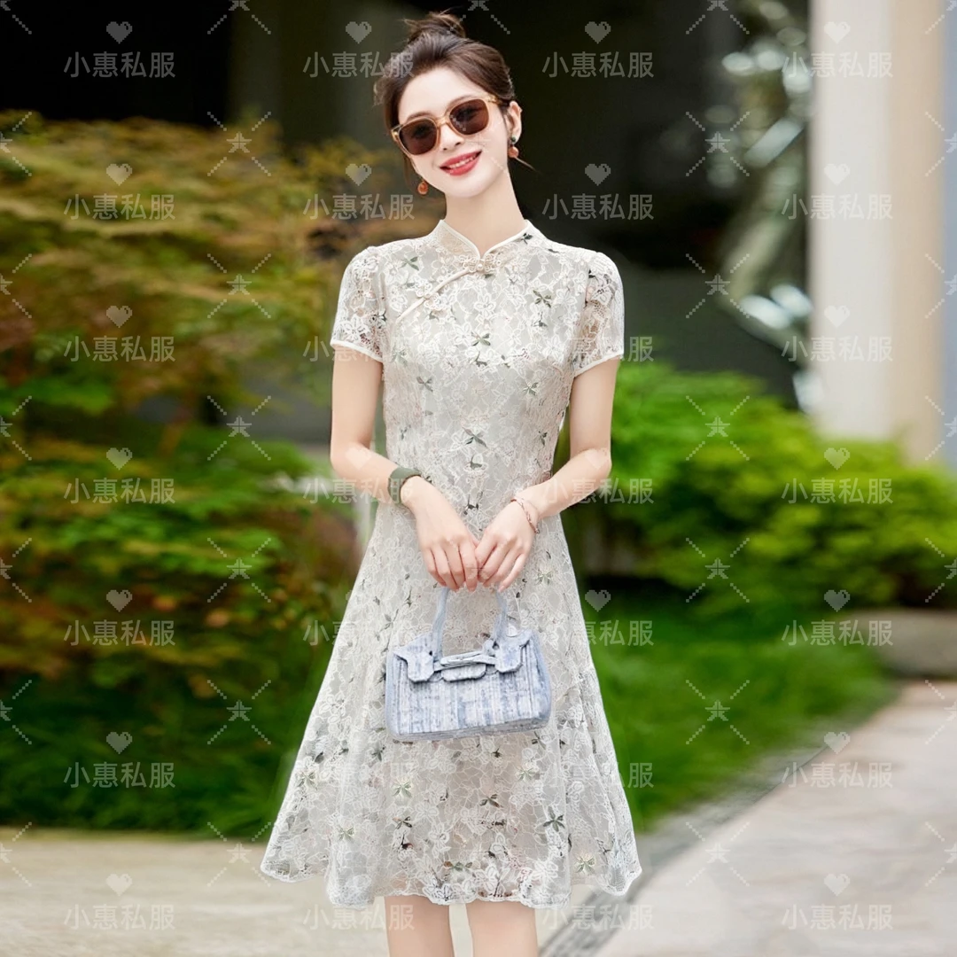 2025夏季新款时尚中长款短袖国风新中式鱼尾改良旗袍连衣裙女修身