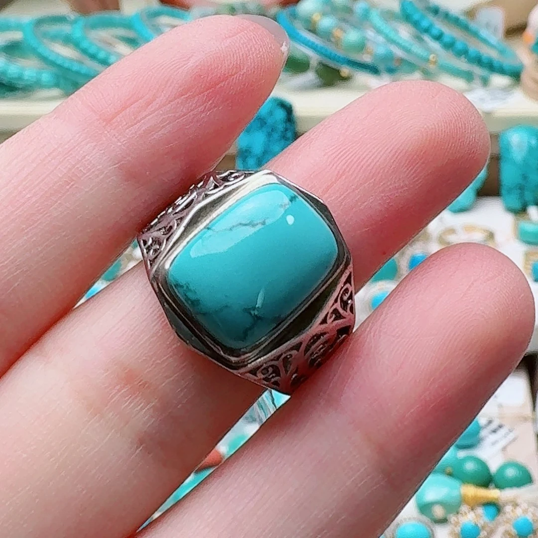 绿松石银S925镶嵌高瓷绿水草纹男款方戒