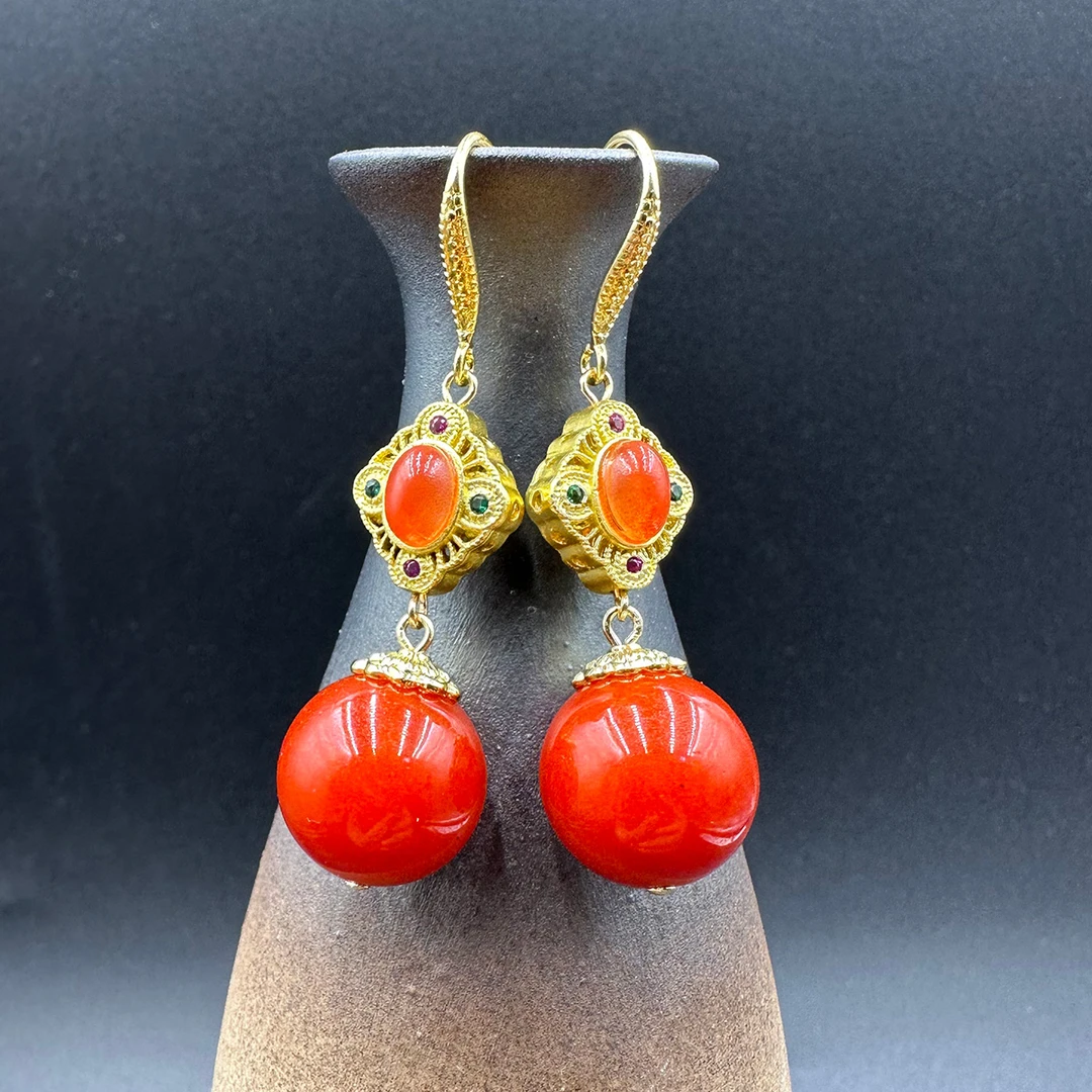 合金耳饰 14mm凉山樱桃红耳坠A123土耳其沙金工艺耳环原创耳饰