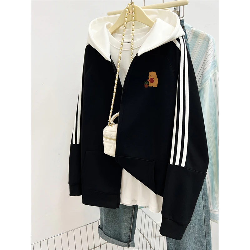 女生冬季加绒开衫外套ins新款韩版宽松休闲洋气撞色插肩连帽卫衣