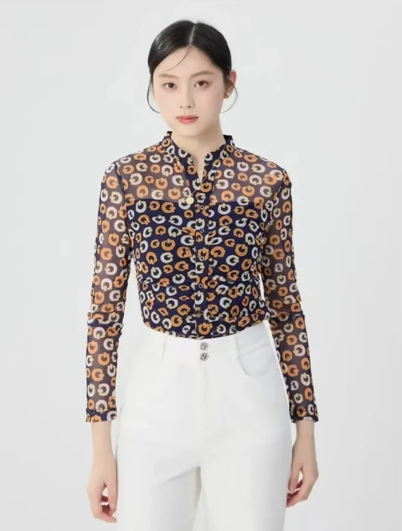 玛瑞施 【商场新款】弹力褶皱女士立领欧纱印花衬衣长袖衬衫C6105