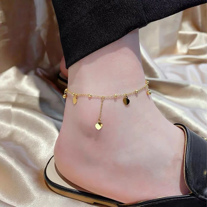 钛钢脚链 新款爱心流苏脚链女高级感幸运珠女生足链钛钢不掉色