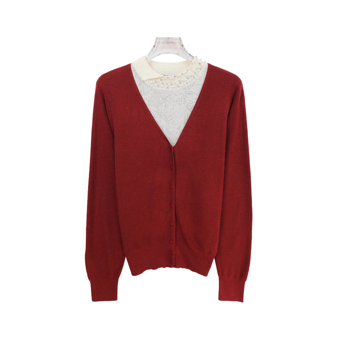 温柔甜美风钉珠假两件拼接拼色针织衫S5532