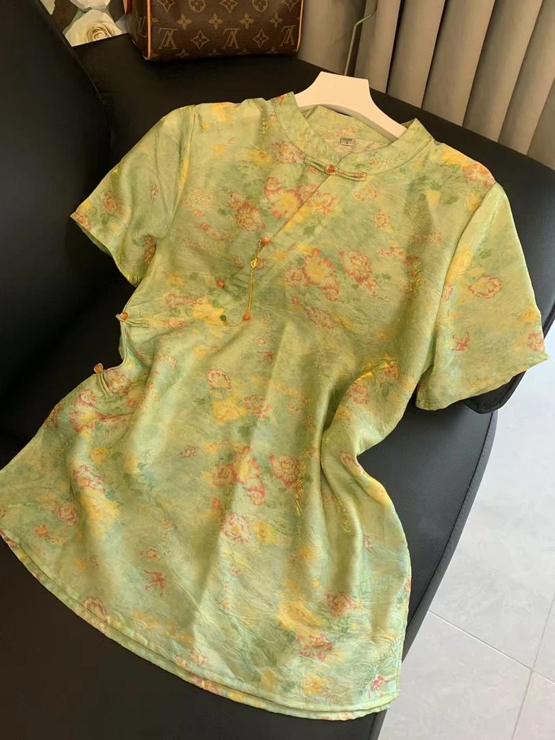九月    绿地黄花   新中式人丝浮光锦宽松显瘦提花印花短袖
