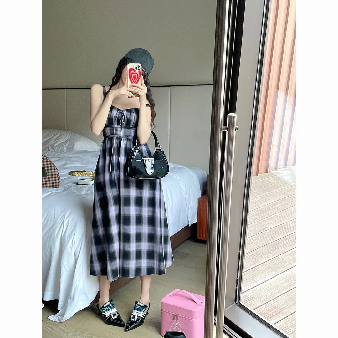 FORNI 朗姆夏日 格子抽绳吊带裙
