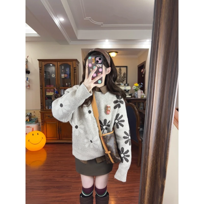 MARIE.COCO网红洋气穿搭秋冬新款印花长袖针织毛衣衬衫上衣包臀裙