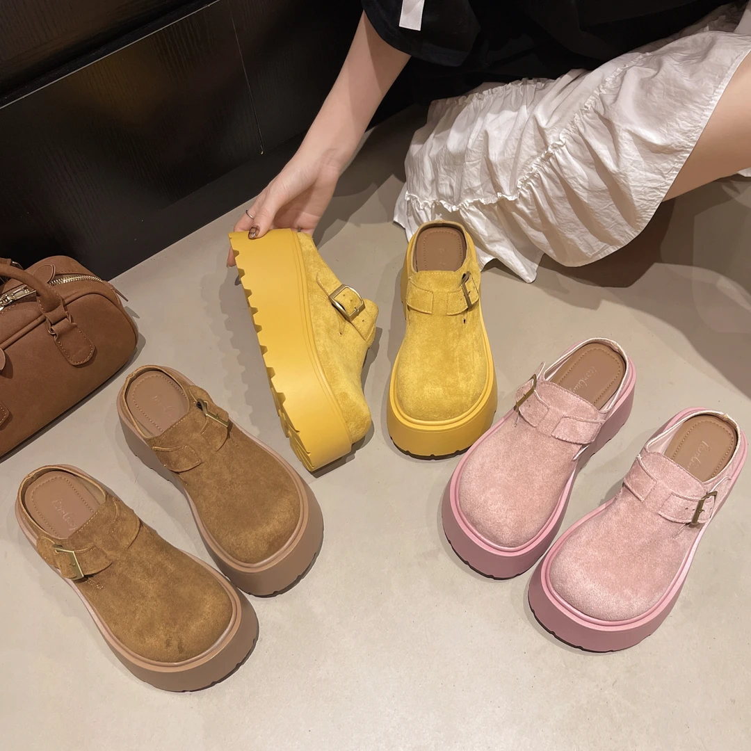 反绒百搭日常休闲复古包头拖女时尚厚底圆头英伦风玛丽珍软底单鞋
