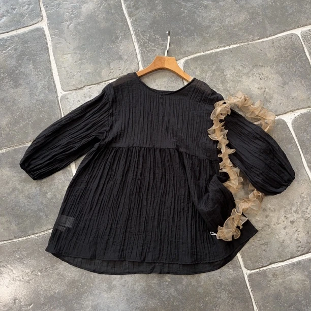 【恬宝外贸】外贸日单夏季压褶黑T恤-61406