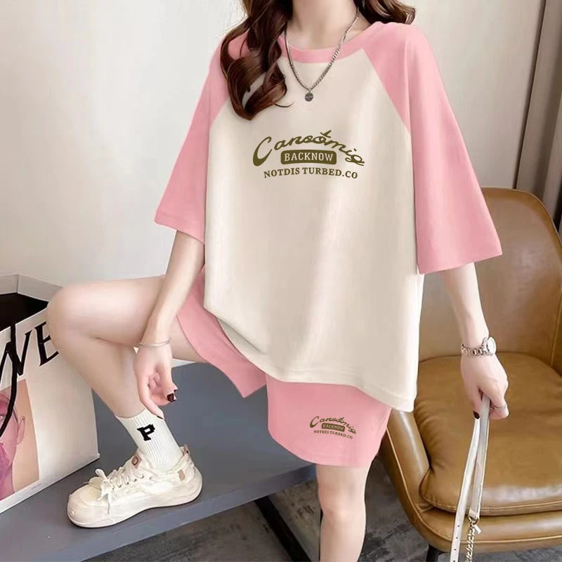 胖mm宽松休闲运动套装女夏季2025学生新款大码女装短袖短裤两件套