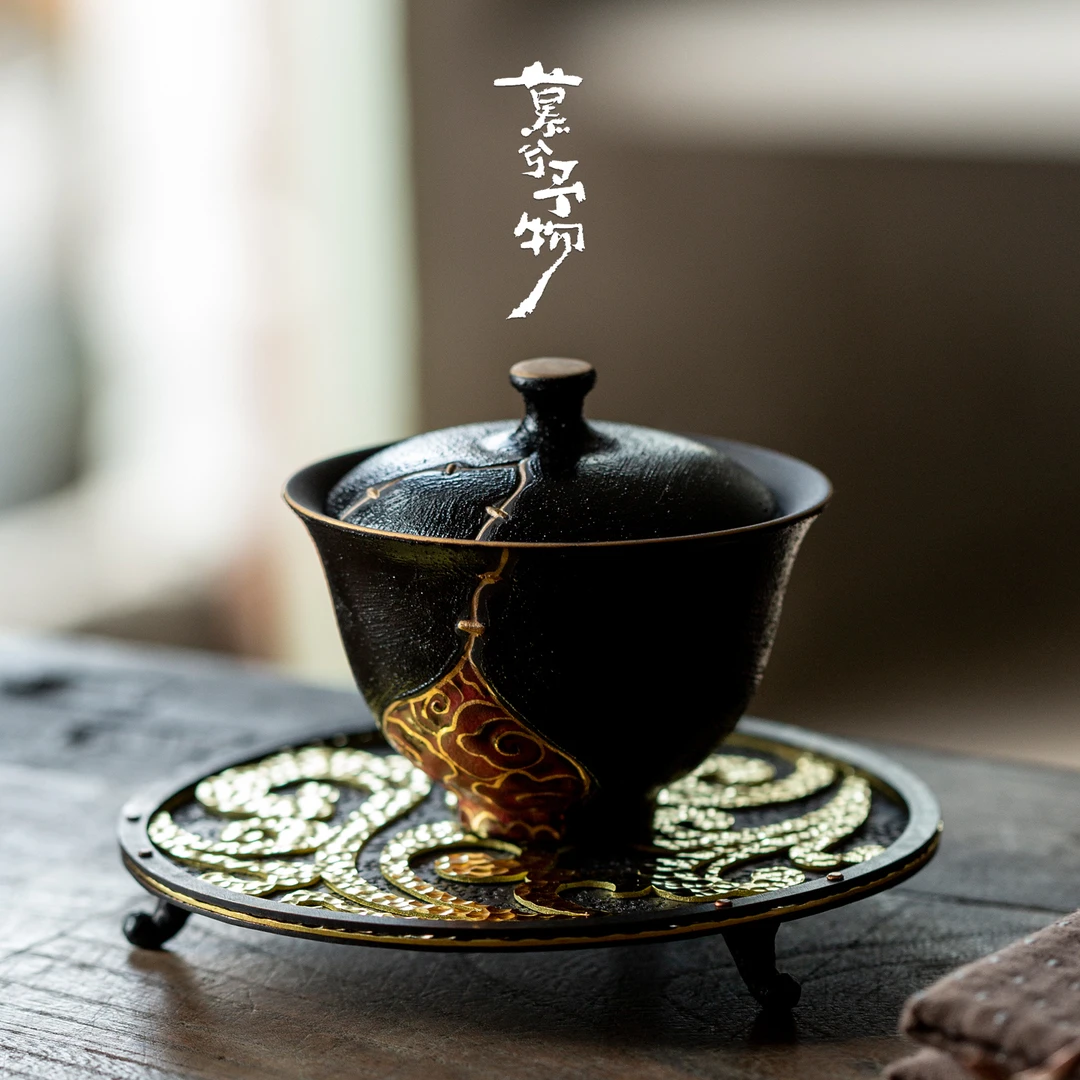 慕兮大漆无云二才盖碗瓦灰黑粗陶泡茶碗敬茶碗陶瓷茶具父亲节礼物