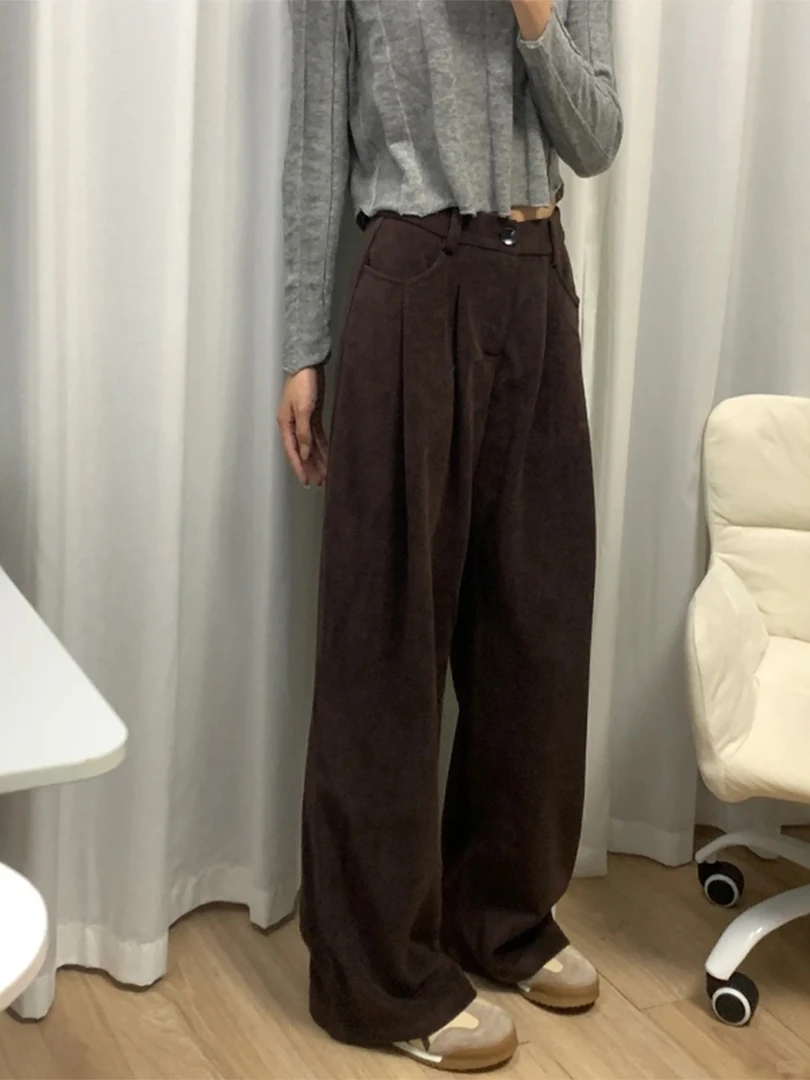 美拉德棕色灯芯绒直筒裤大码女装秋冬胖mm休闲宽松显瘦加绒阔腿裤