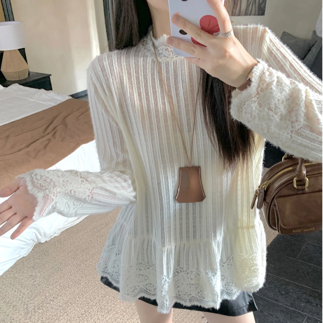 大码女装秋冬新款设计感重工蕾丝花边半高领上衣打底衫3802