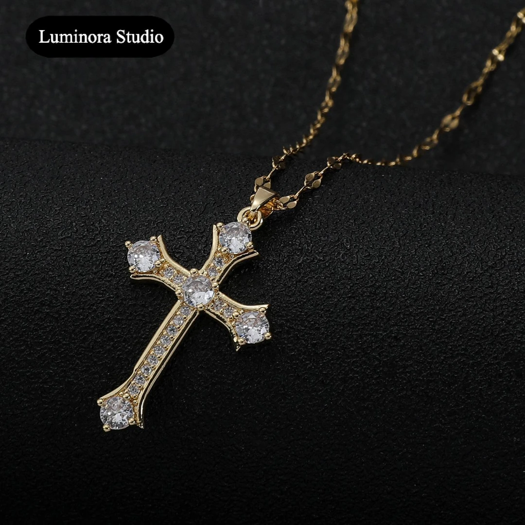 钛钢项链 “审判日”小众高级复古十字架镶嵌满钻百搭项链锁骨链