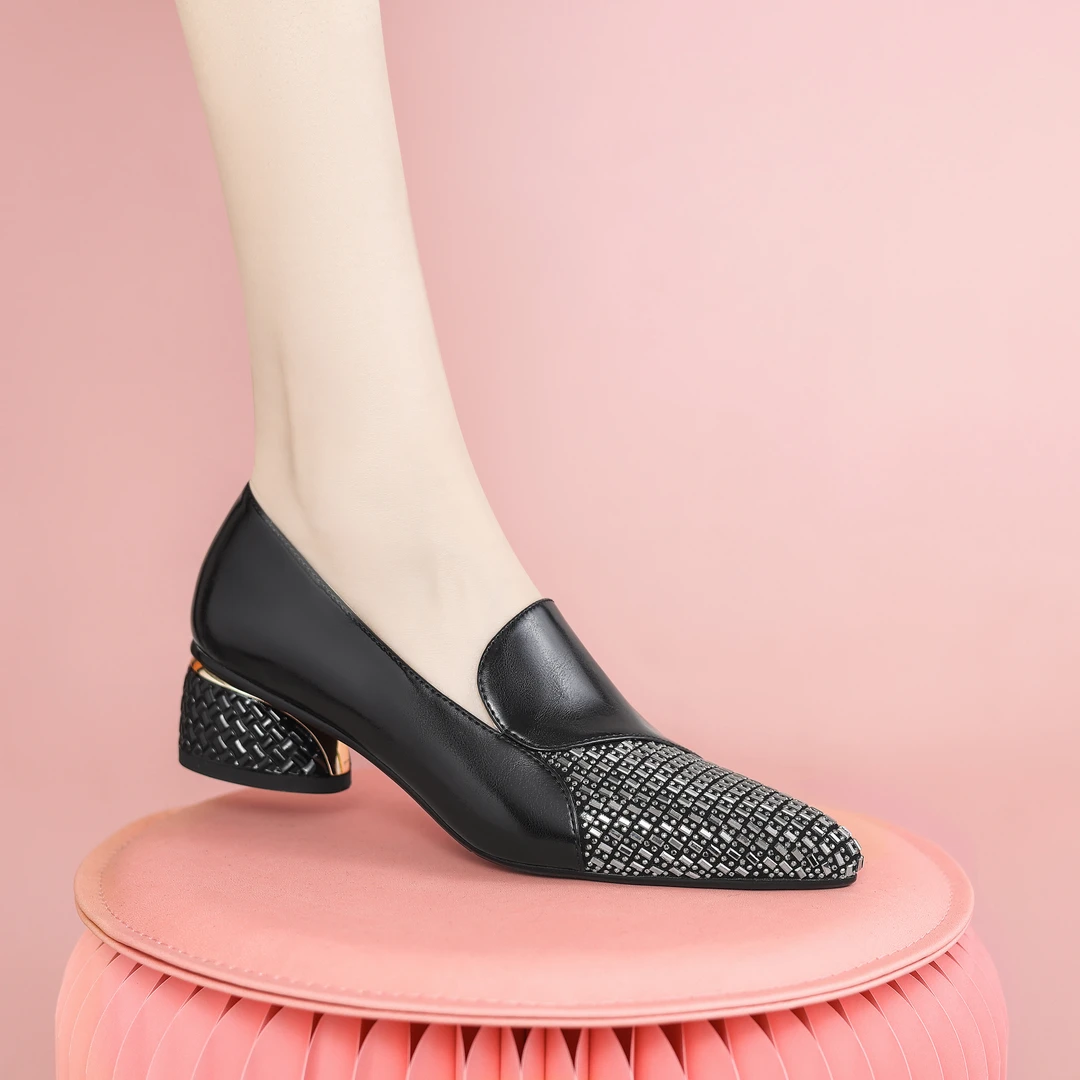 梵悦诗黑钻美人尖头春季上班通勤粗跟低跟气质时尚真皮单鞋h3003