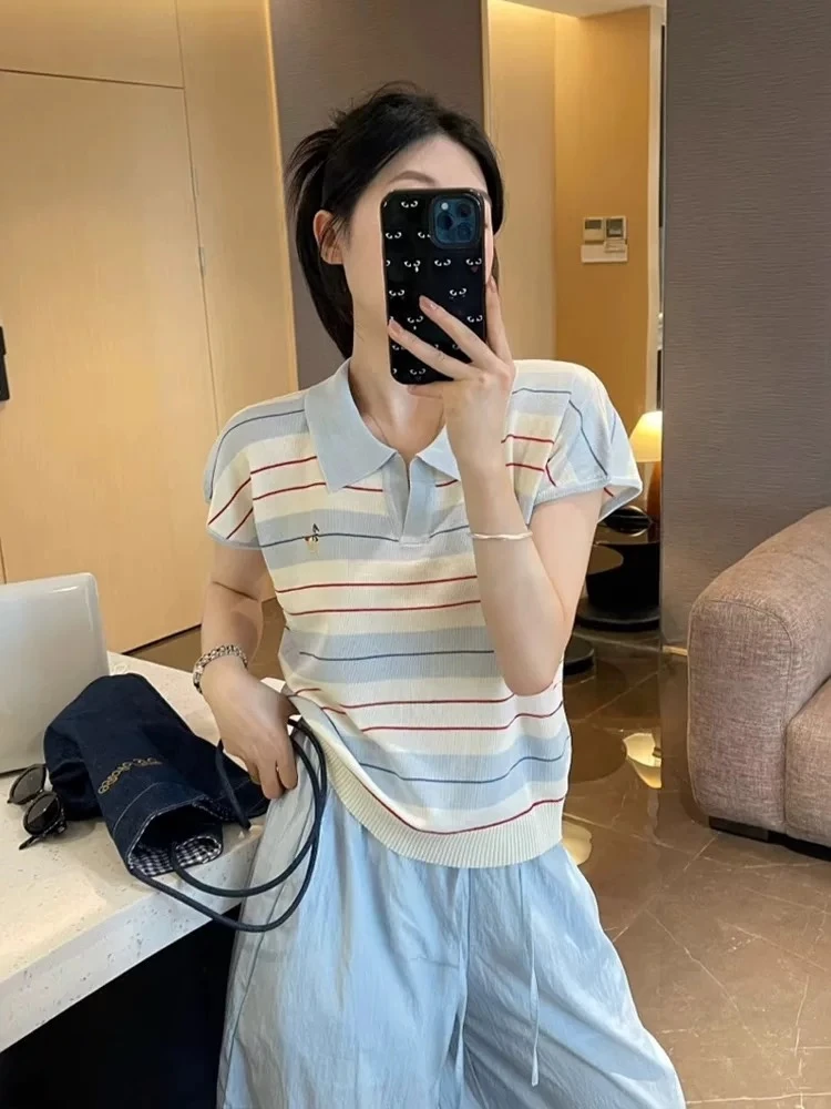 XIMIAO/兮淼冰丝刺绣拼接短袖独特漂亮小衫宽松百搭减龄韩版撞色