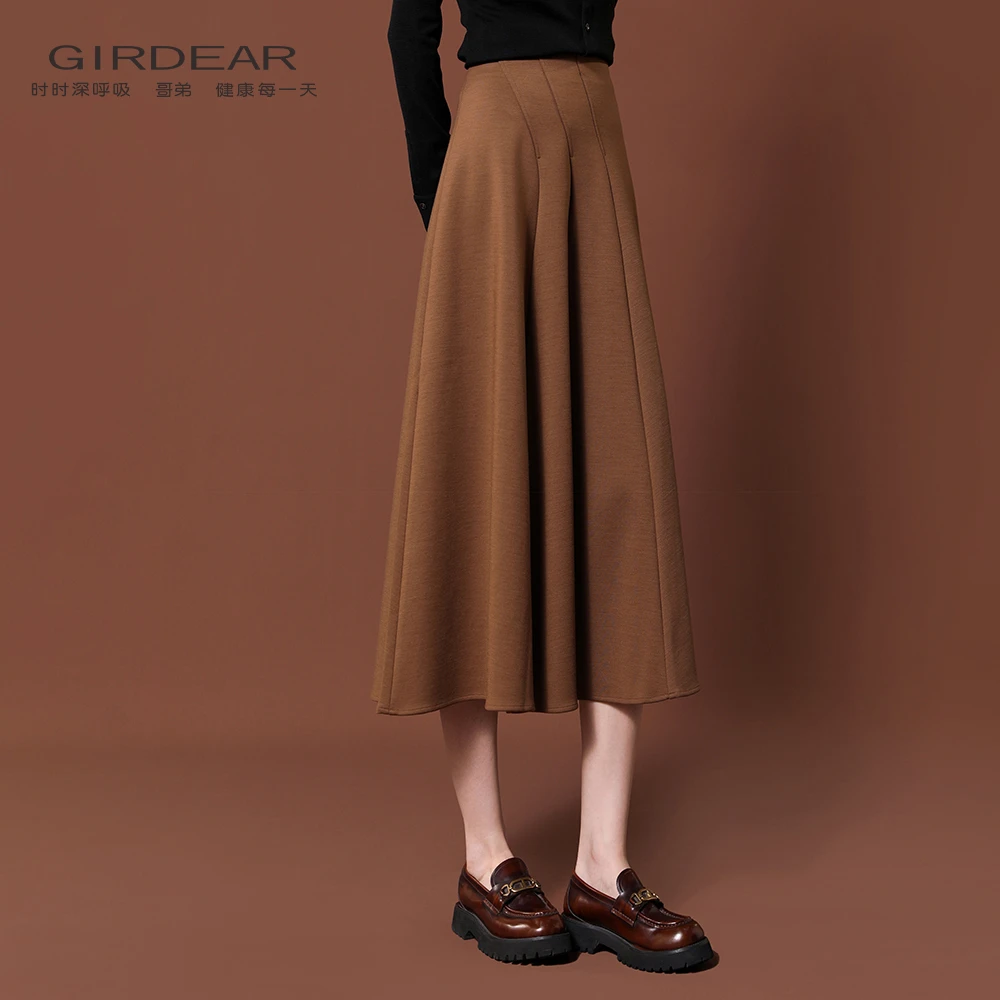 GIRDEAR/哥弟 1200378-1 新款纯色绵羊毛伞裙高腰显瘦中裙半身裙