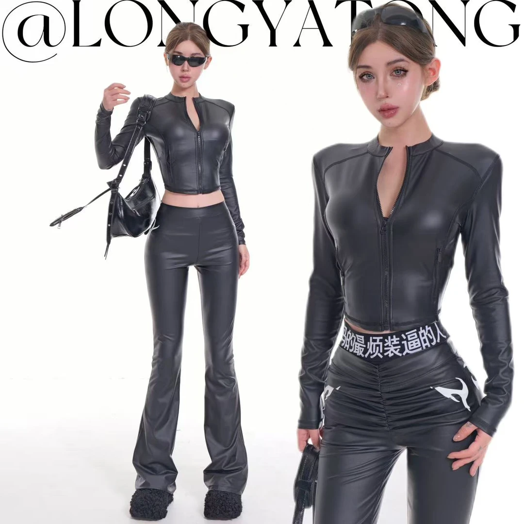 龙牙童推荐【无头骑士】秋冬欧美显瘦长袖辣妹黑色套装性感皮衣皮裤