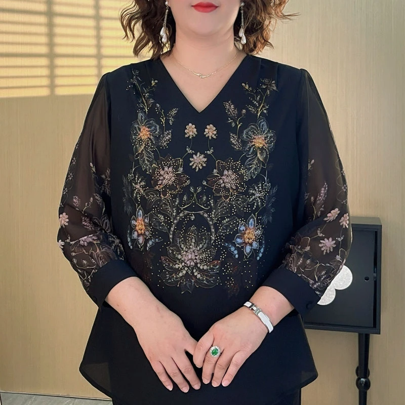 5530法式薄款上衣女士2025早秋新款遮肚子妈妈洋气质印花小衫潮