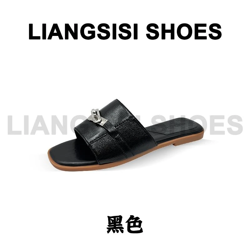 梁思思SHOES新款复古金属锁扣平底一字拖-D06