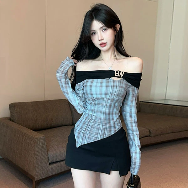 2025早秋新品辣妹设计感不规则格纹露肩修身上衣百搭半身裙裤套装