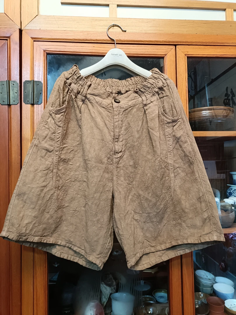 植物染色泥染黄短裤（裤长56厘米臀围120厘米）