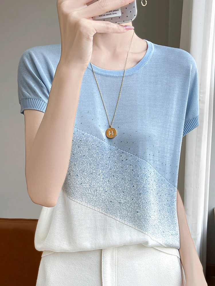 新款圆领薄款渐变宽松短袖T恤针织衫2025夏季气质设计感减龄小衫