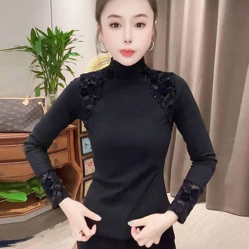秋冬季加厚蕾丝小衫显瘦气质时尚半高领拼接长袖T恤洋气打底衫女