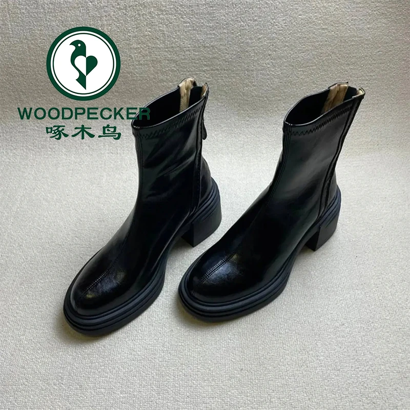 啄木鸟复古马丁靴后拉链百搭切尔西短靴加绒保暖小个子粗跟瘦瘦靴