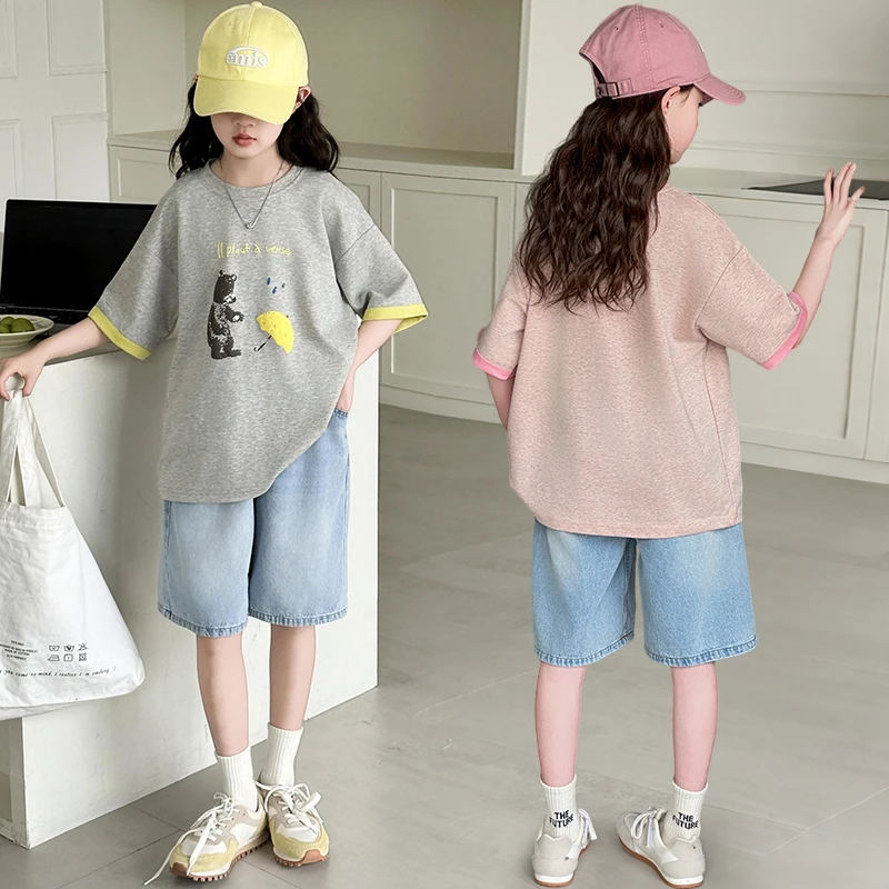 女童夏季套装2025新款洋气时髦儿童短袖T恤牛仔短裤小女孩两件套