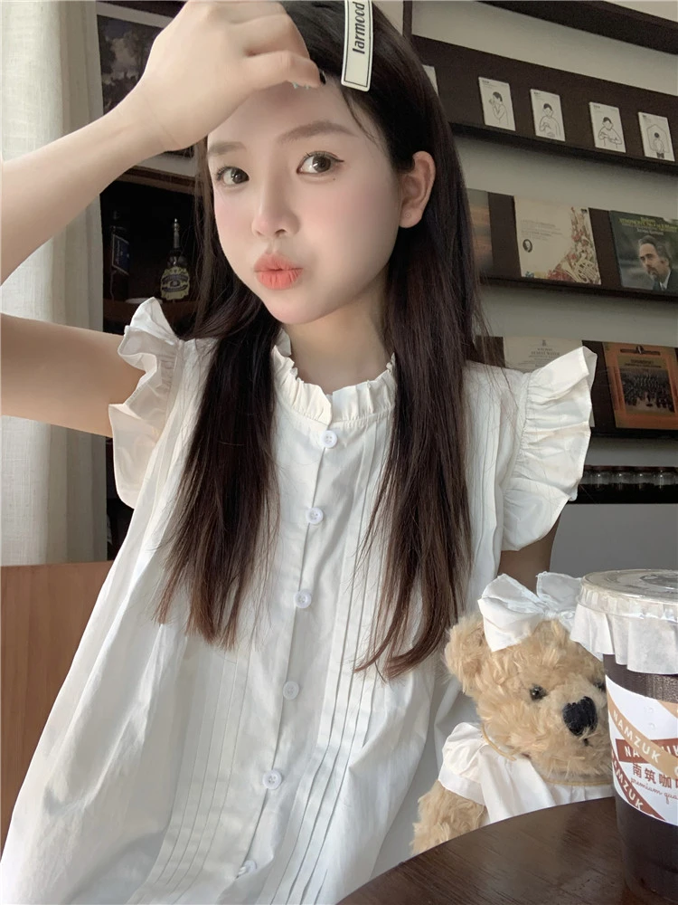 （媚媚专属）甜美小飞袖白色衬衫夏无袖别致格子娃娃衫短款上衣女