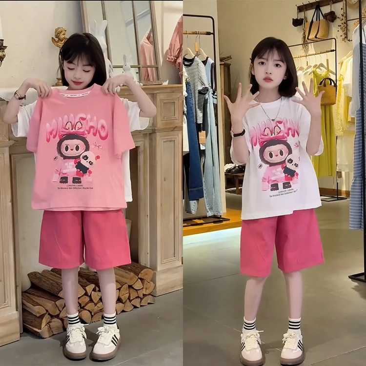 现货儿童夏季短袖套装2025新款女童夏款拉布布休闲运动两件套女孩