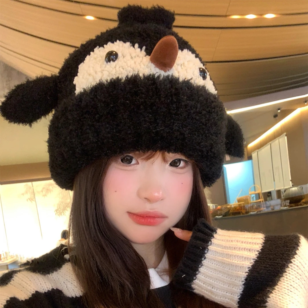 【耳朵会叫】日系可爱企鹅毛绒帽子女秋冬加厚加绒针织护耳套头帽
