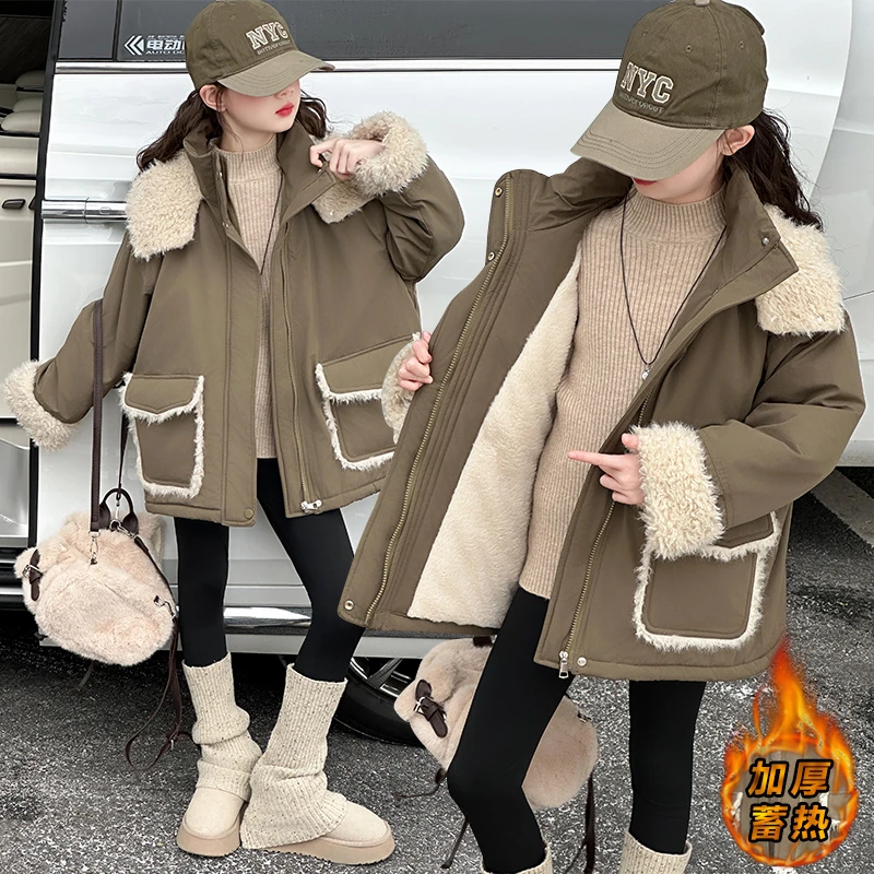 女童加绒加厚派克服2025冬季爆款中大童韩版洋气潮款保暖连帽棉服