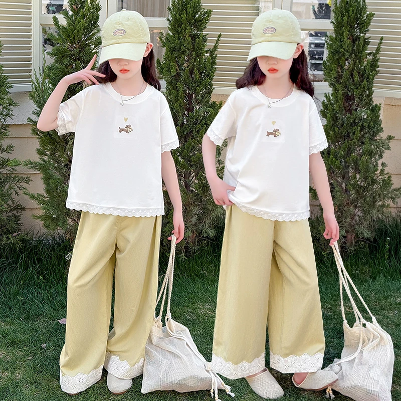 女童夏季套装2025新款中大童女装儿童夏装洋气短袖阔腿裤两件套潮