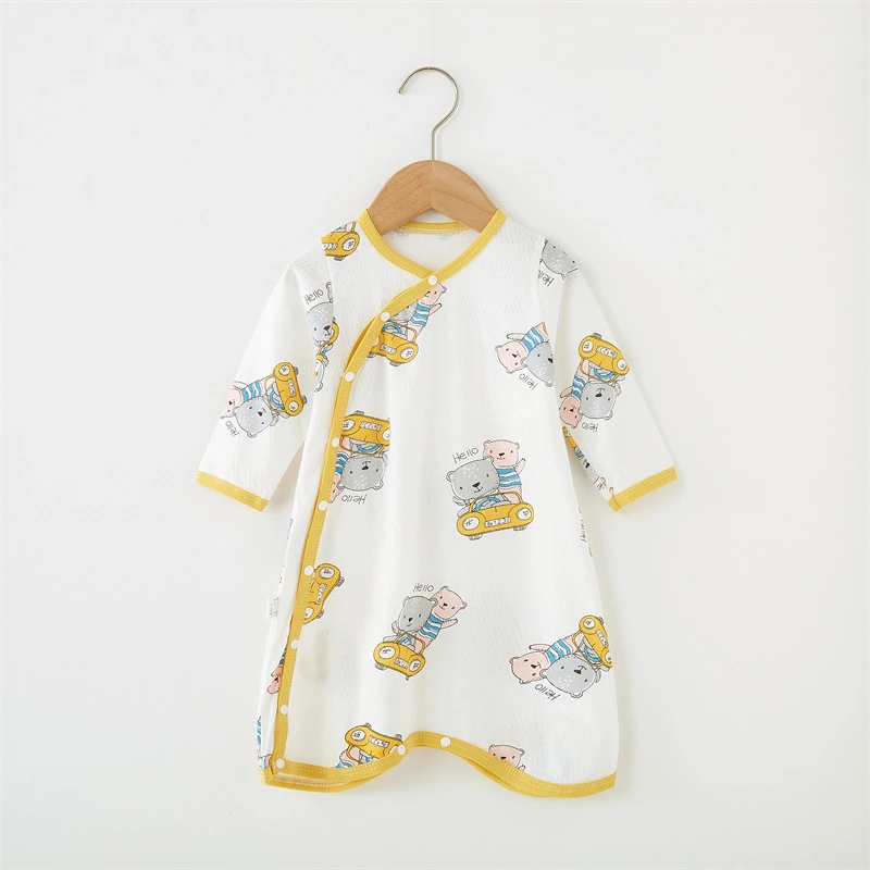 婴儿春夏季薄款睡袍男女童新生儿护肚连体衣宝宝纯棉长袖开扣睡衣