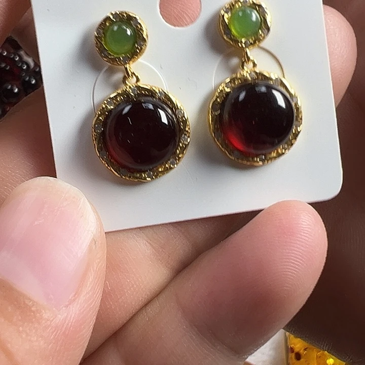 琥珀（花珀）银S925镶嵌耳饰