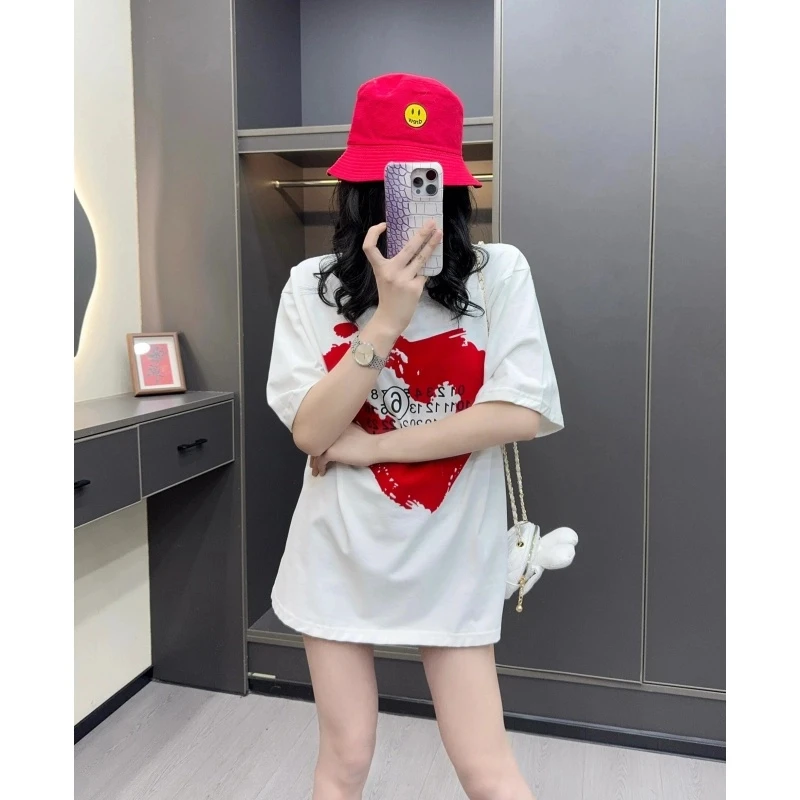 短袖女t恤夏季流行时尚潮牌女装高级感红色爱心字母白色百搭宽松