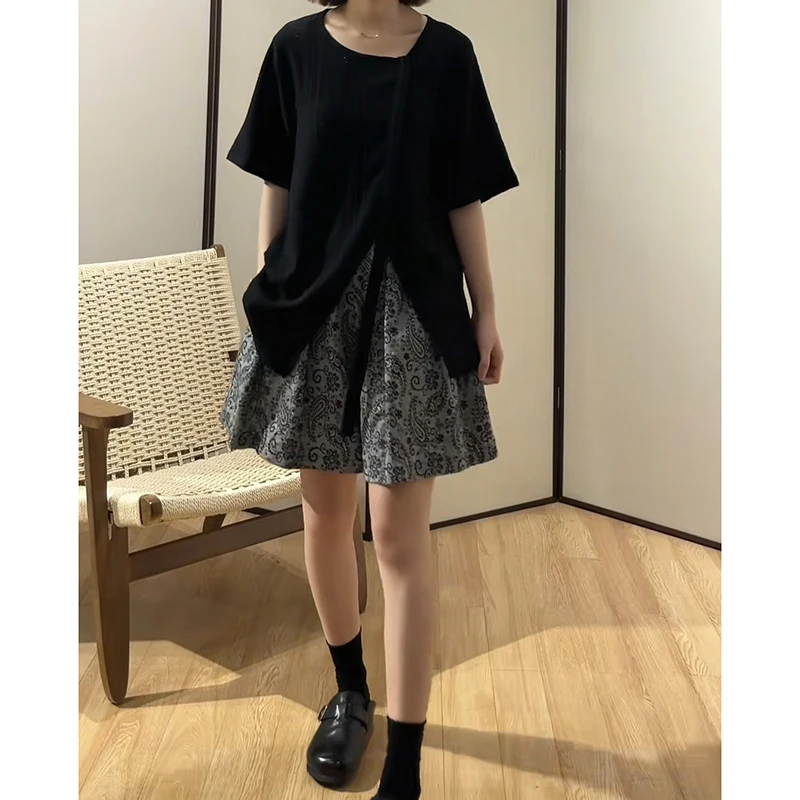 FRVXO短袖宽松不规则领百搭法式圆领T恤腰果花灰色百搭简约短裤