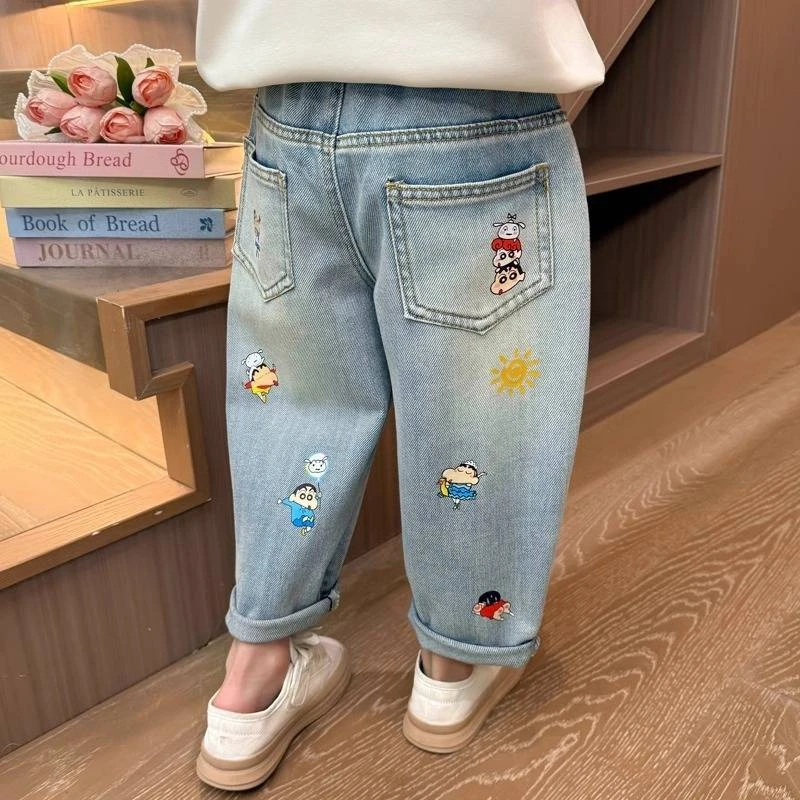 童装2025春秋新款男女童牛仔长裤中腰中小儿童宝宝卡通宽松洋气