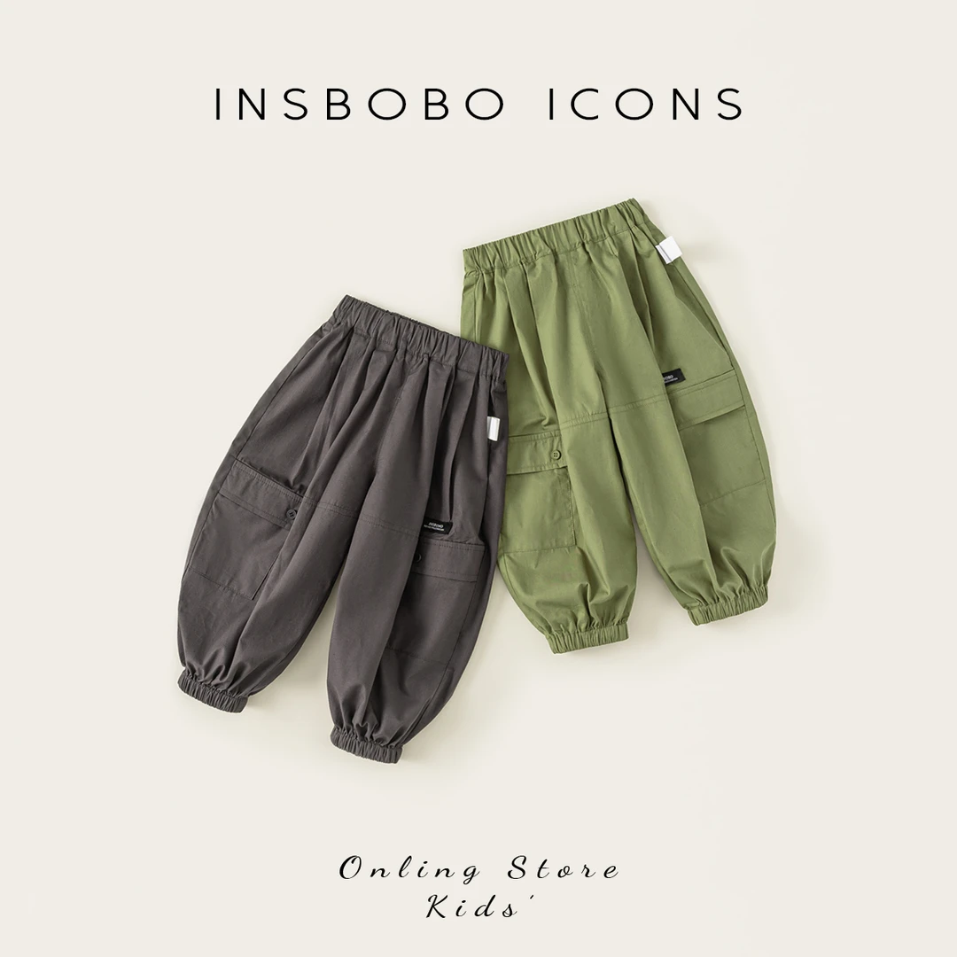 INSbobo儿童休闲工装裤夏季新品裤子纯色口袋收脚工装长裤XK85104