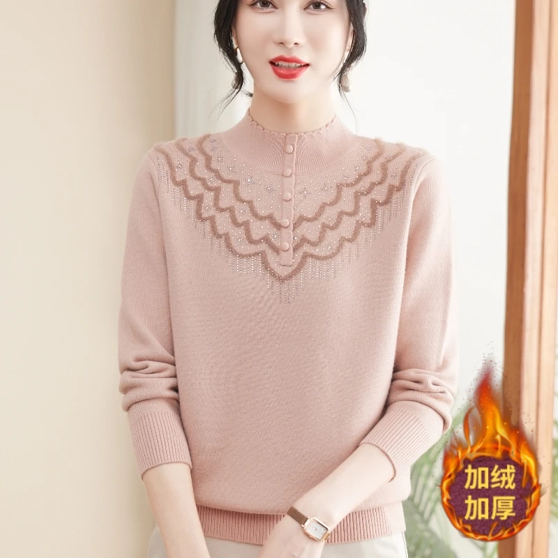 恒源祥集团彩羊秋冬妈妈加绒加厚毛衣女新款刺绣中老年女针织上衣