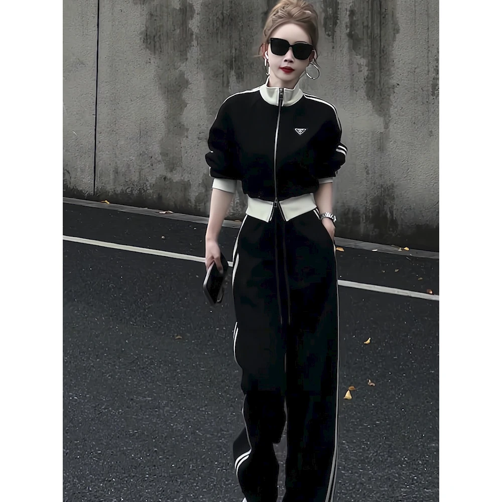 小众高级感休闲阔腿长裤运动套装黑色拉链开衫短款卫衣两件套女装
