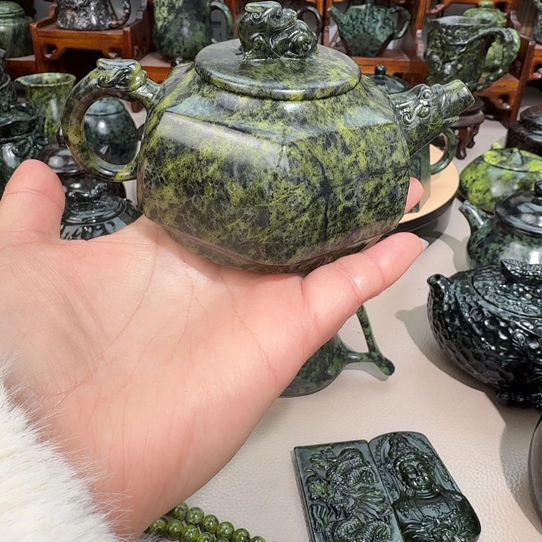 吴***师蛇纹石玉未镶嵌藏玉药王石精美茶壶