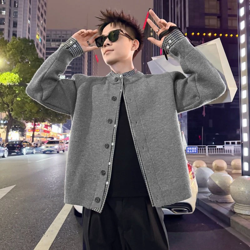 痞帅慵懒风男装假两件格子拼接开衫毛衣男款潮牌春秋立领宽松外套