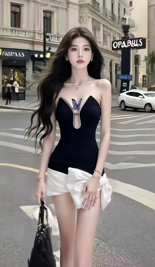 时尚名媛轻奢高级感性感辣妹风黑色桃心领抹胸露肩修身收腰连衣裙