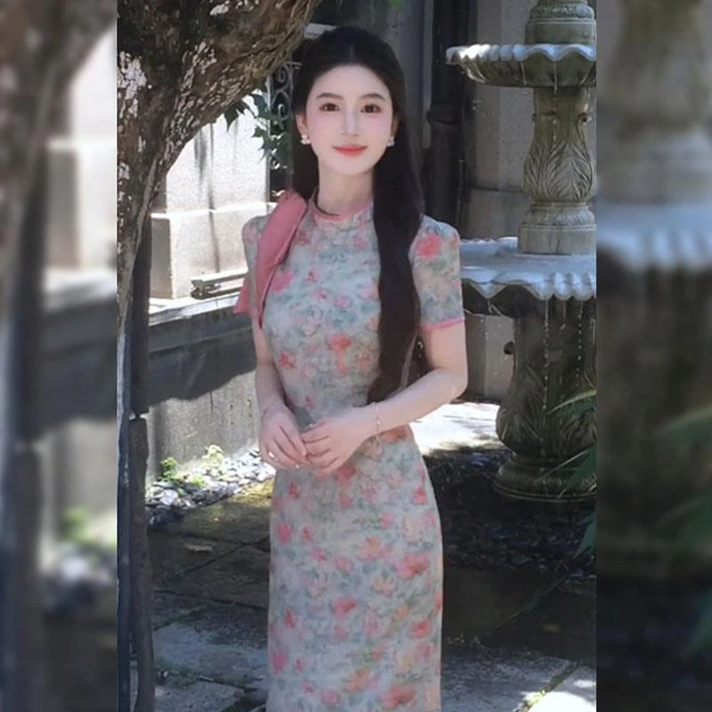 【粉栀】气质高端旗袍改良收腰连衣裙夏季2025高级感长裙碎花裙子女