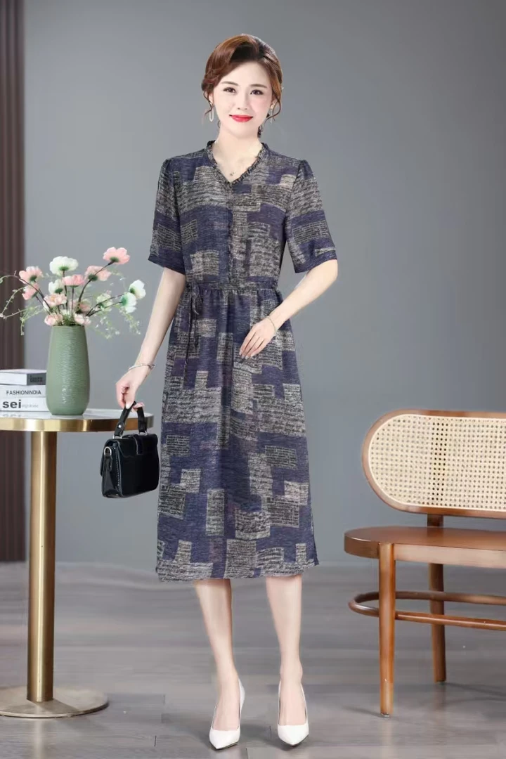 1019灰蓝格妈妈装高妈妈装洋气显瘦气质女装连衣裙