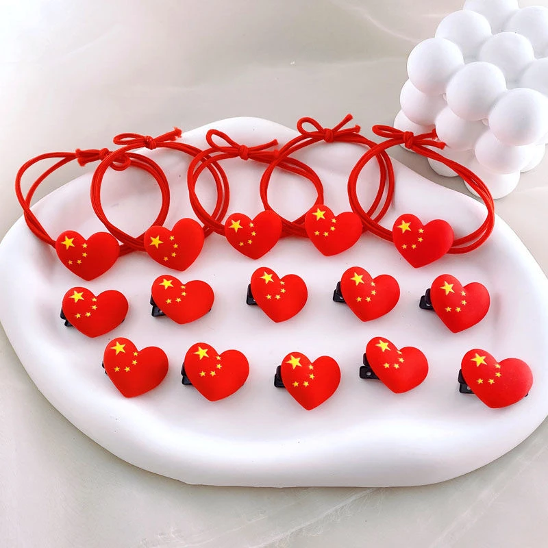 国庆节头饰国旗发圈五星红旗头绳国旗小发夹发绳红色喜庆爱心皮筋